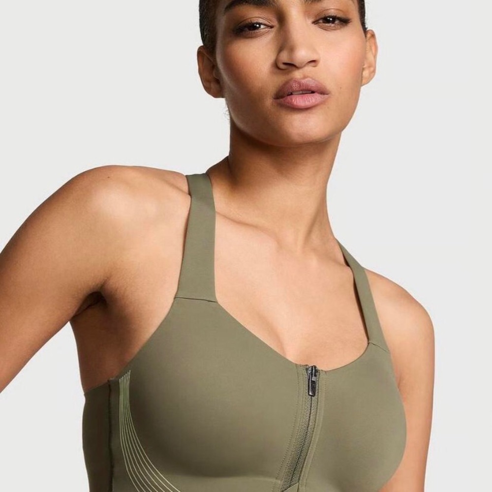 Olive Green Front-Zip Sports Bra